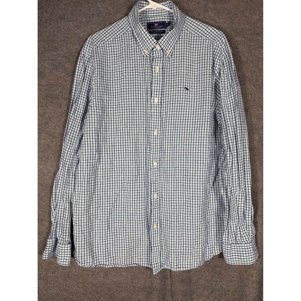 Vineyard Vines Mens XL Classic Fit Whale Shirt Cotton Linen Blue White Check L/S